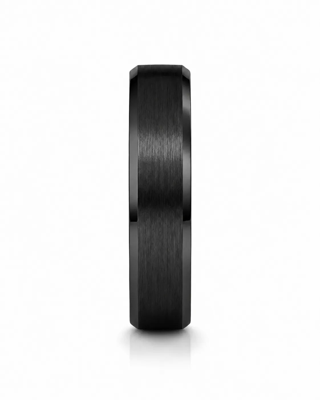 Front view of a black beveled tungsten wedding ring with a whiskey barrel wood inner sleeve on a white background.