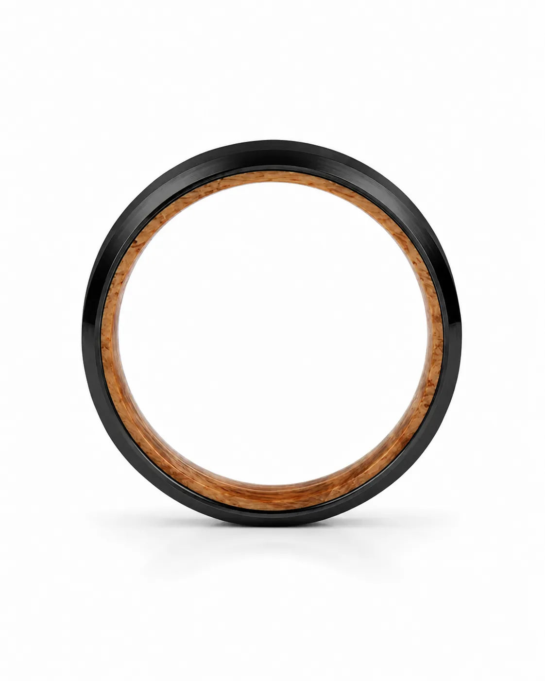 Side profile of a black beveled tungsten wedding ring with a whiskey barrel wood inner sleeve showing the band thickness.