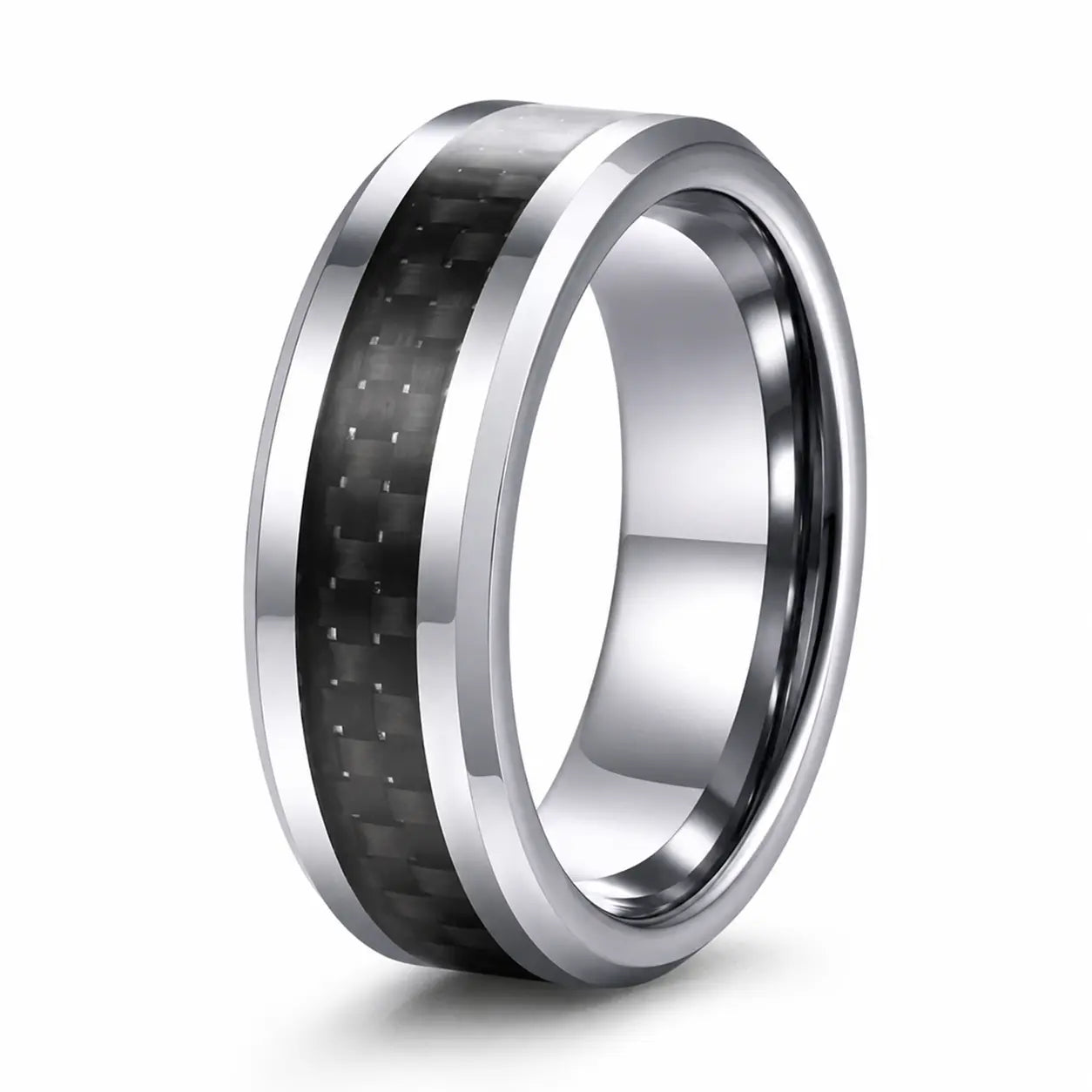 Angled view of a silver tungsten wedding ring with a black carbon fibre inlay on a white background.