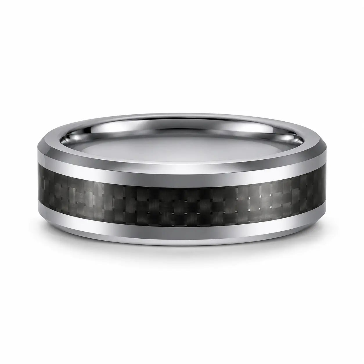 Silver tungsten wedding ring with a black carbon fibre inlay lying flat on a white background.