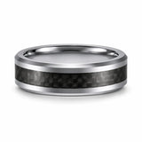 Silver tungsten wedding ring with a black carbon fibre inlay lying flat on a white background.