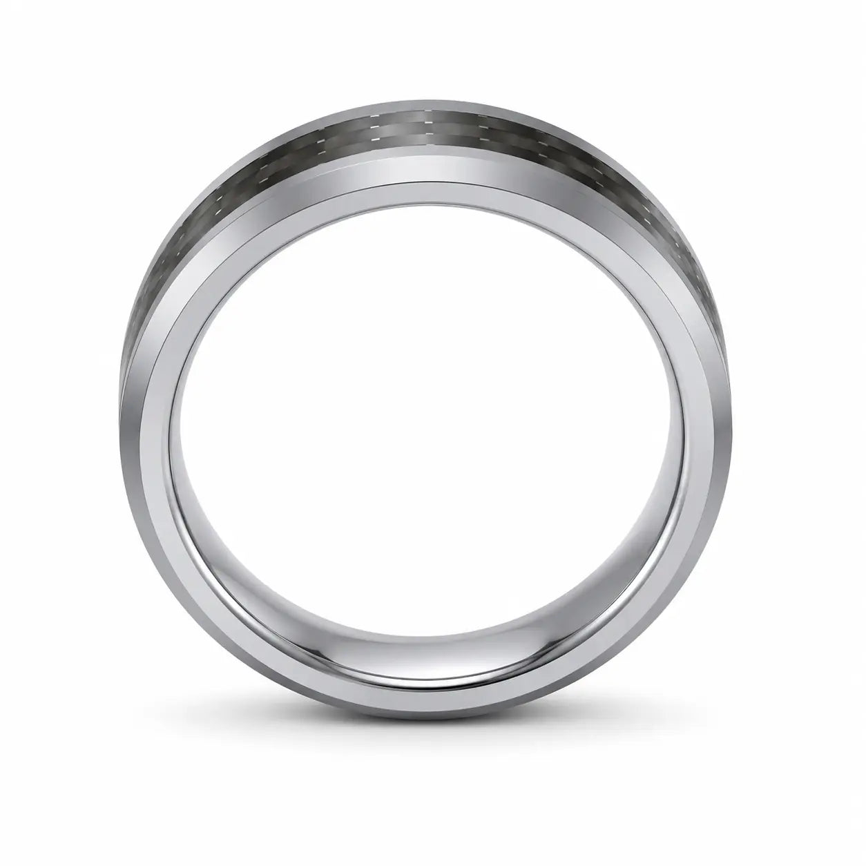Front profile of a silver tungsten wedding ring with a black carbon fibre inlay showing the comfort fit interior.
