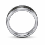 Front profile of a silver tungsten wedding ring with a black carbon fibre inlay showing the comfort fit interior.