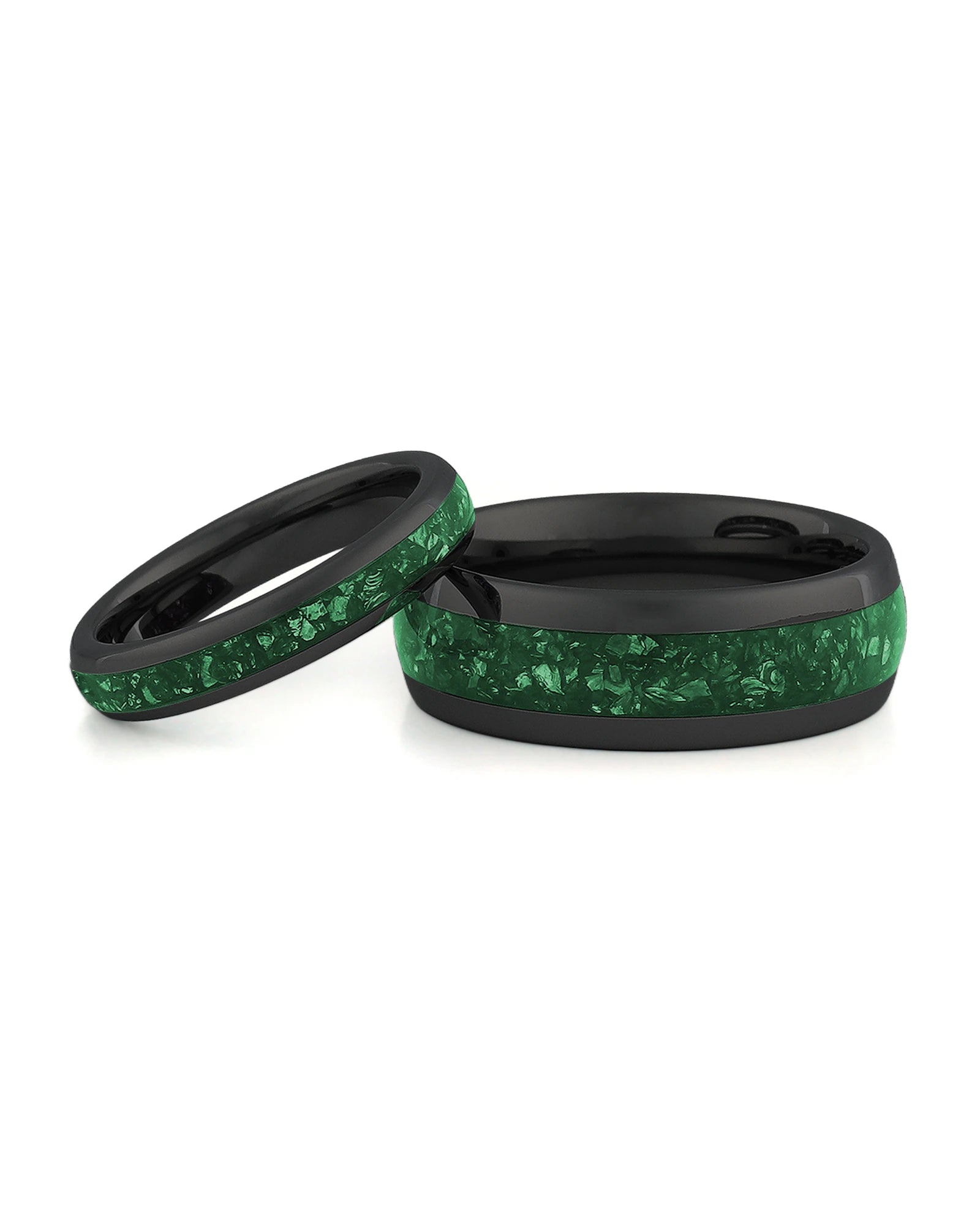 Black emerald tungsten couples wedding ring set shown together