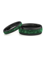 Black emerald tungsten couples wedding ring set shown together