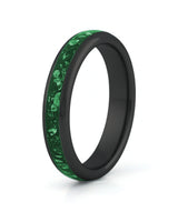 Black tungsten wedding ring with green emerald stone inlay, 4mm band