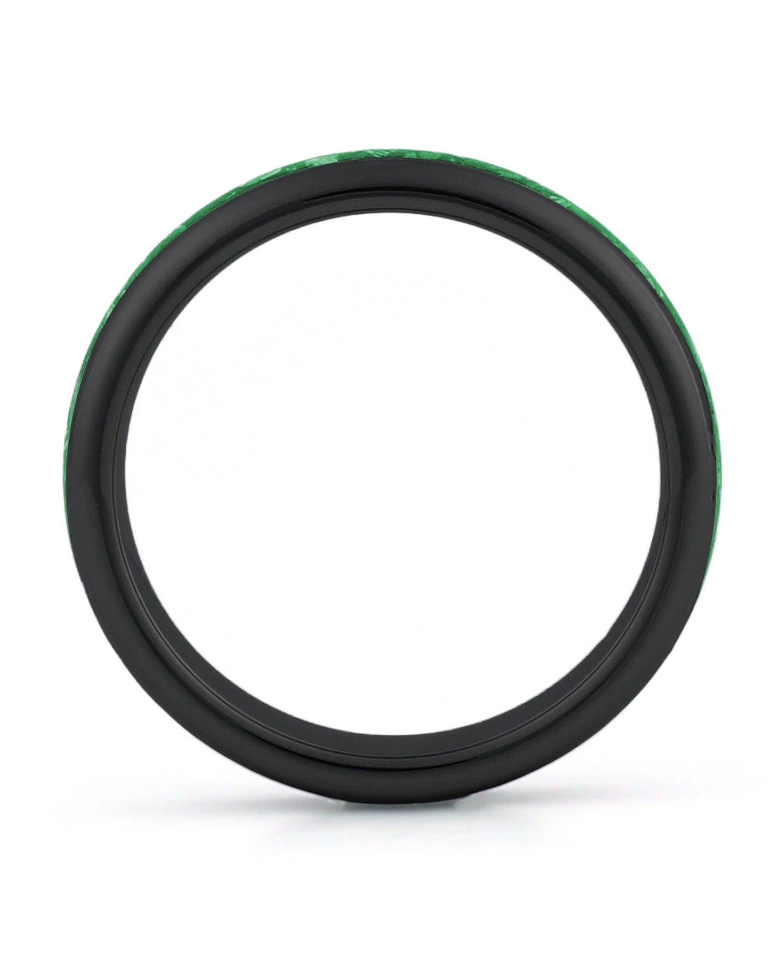 Side view of black 4mm tungsten wedding ring with emerald inlay
