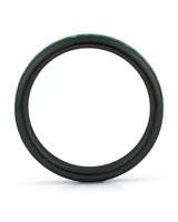 Side view of black 4mm tungsten wedding ring with emerald inlay