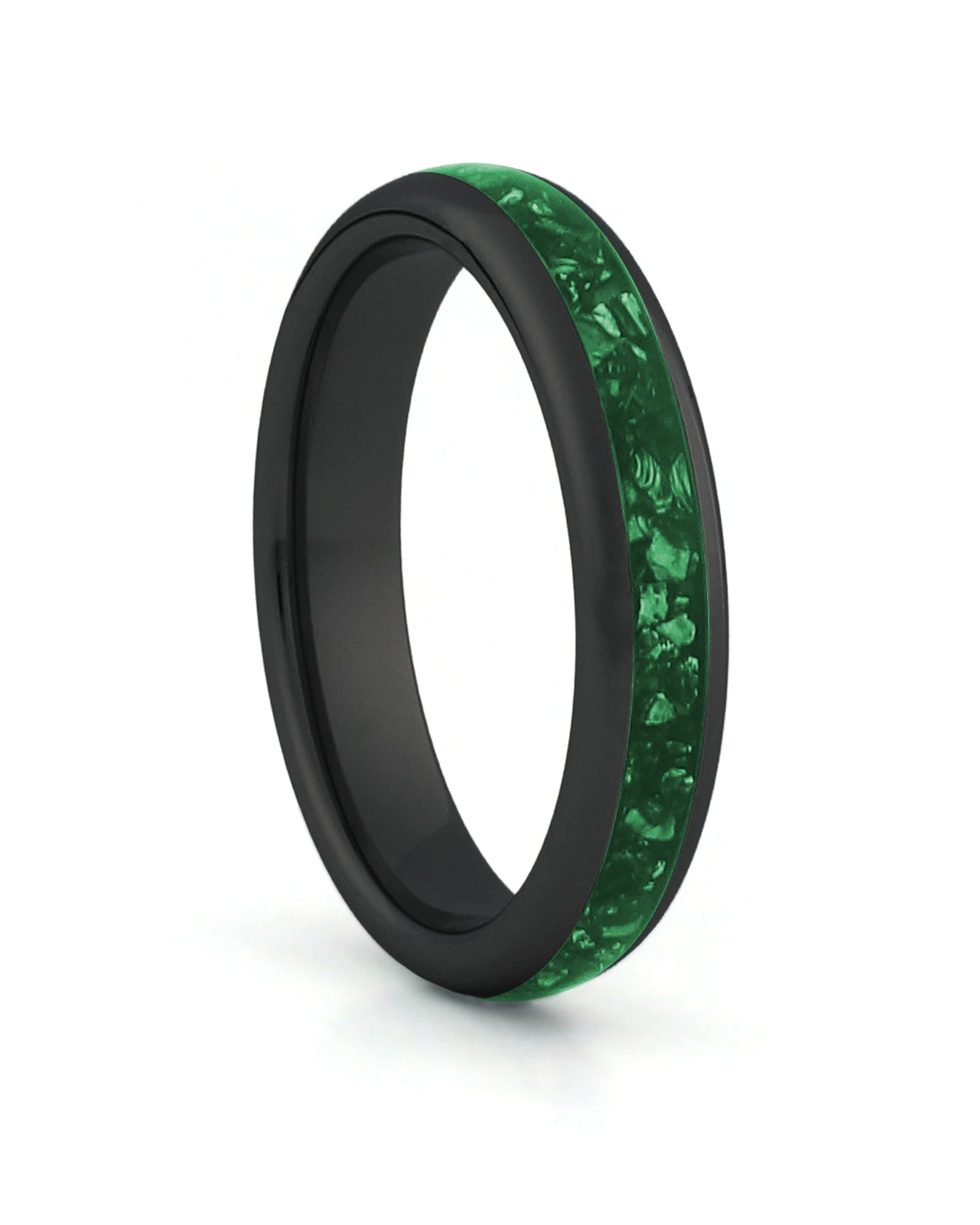 Black 4mm tungsten ring with green emerald inlay shown at an angle