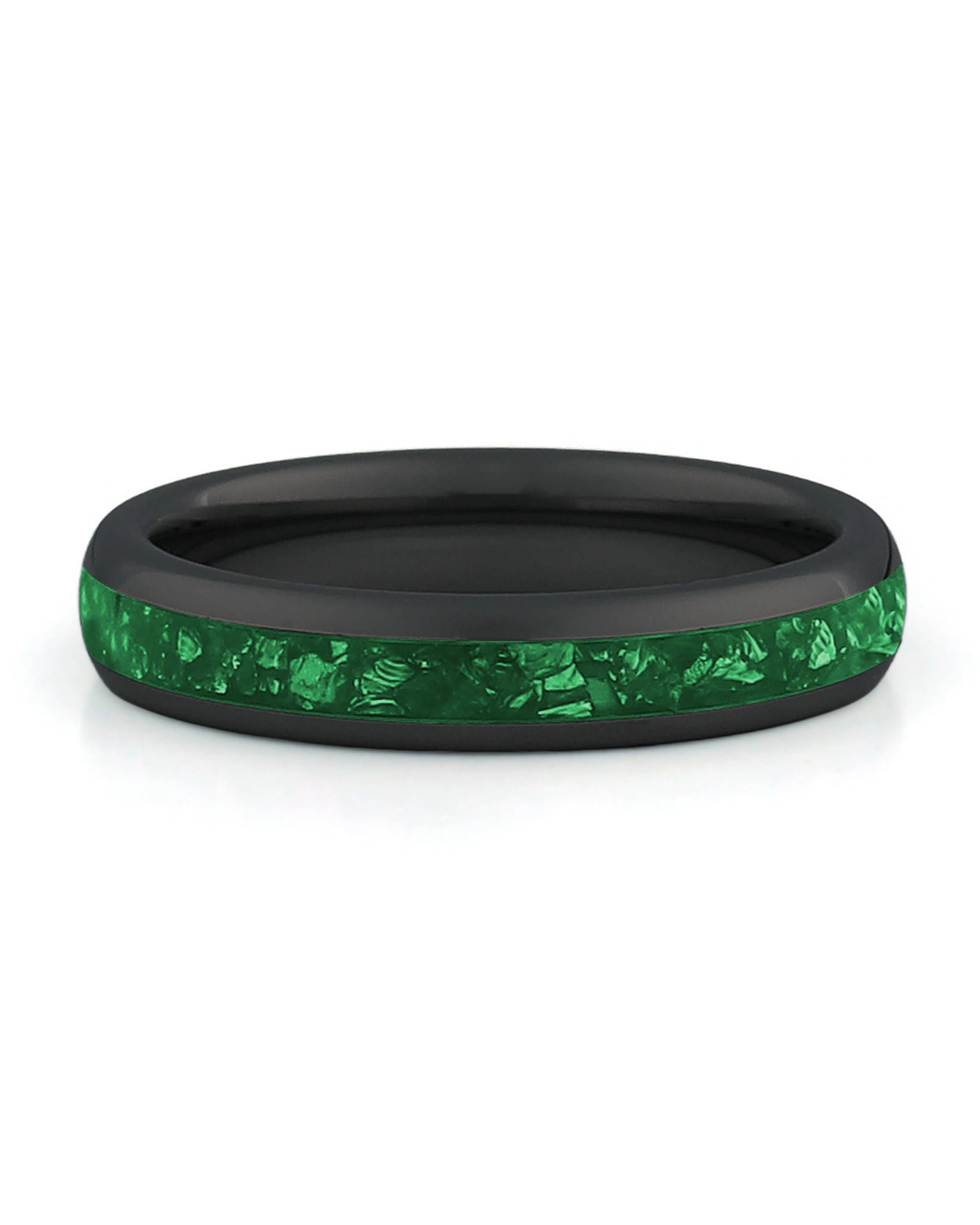 Front view of black 4mm emerald tungsten wedding band