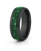 Men's black tungsten wedding ring with emerald stone inlay, 8mm band
