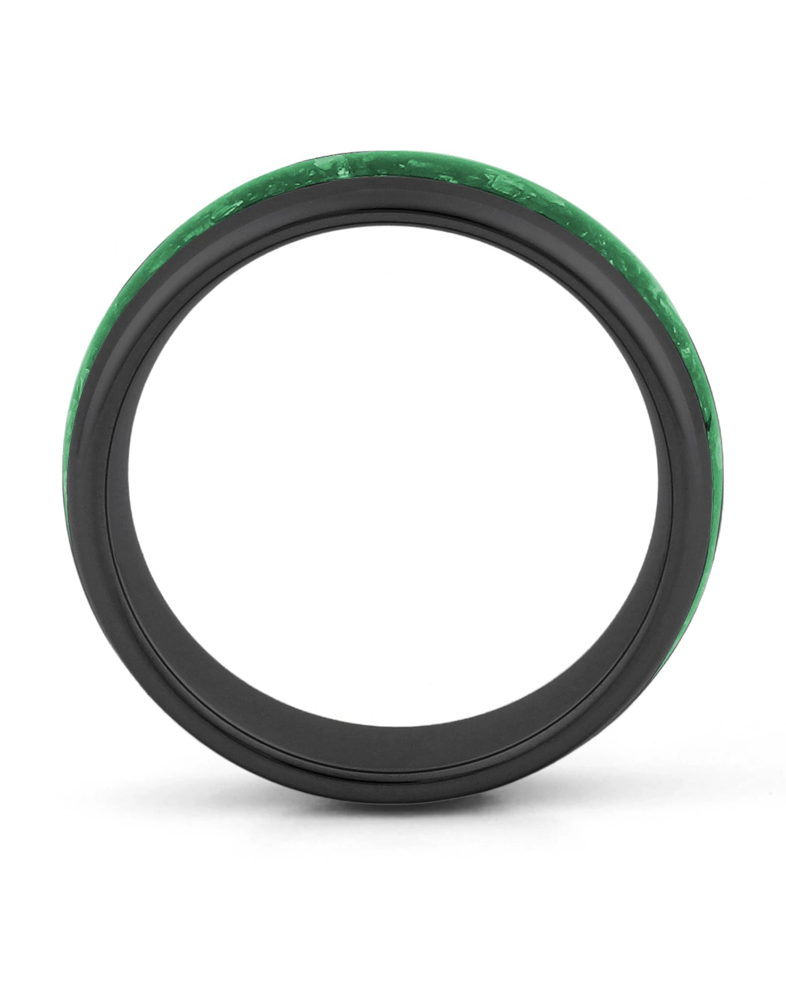 Side view of black 8mm tungsten wedding ring with emerald inlay