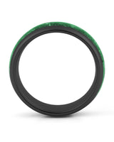 Side view of black 8mm tungsten wedding ring with emerald inlay