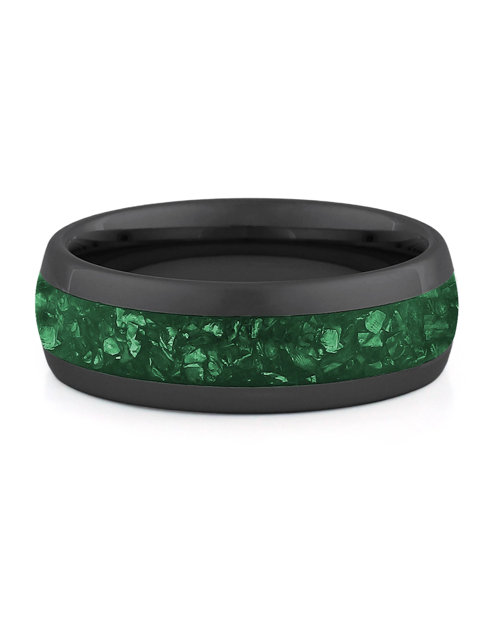 Front view of black 8mm emerald tungsten wedding band