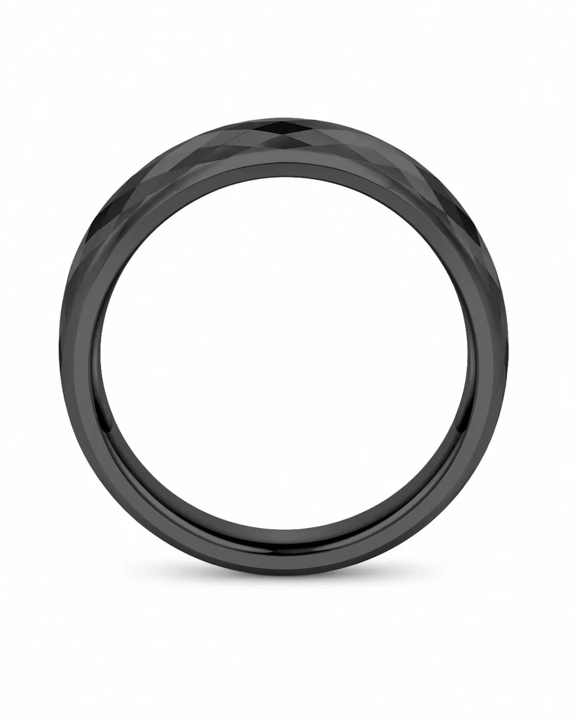 Side profile of black 4mm faceted tungsten ring showing its band width