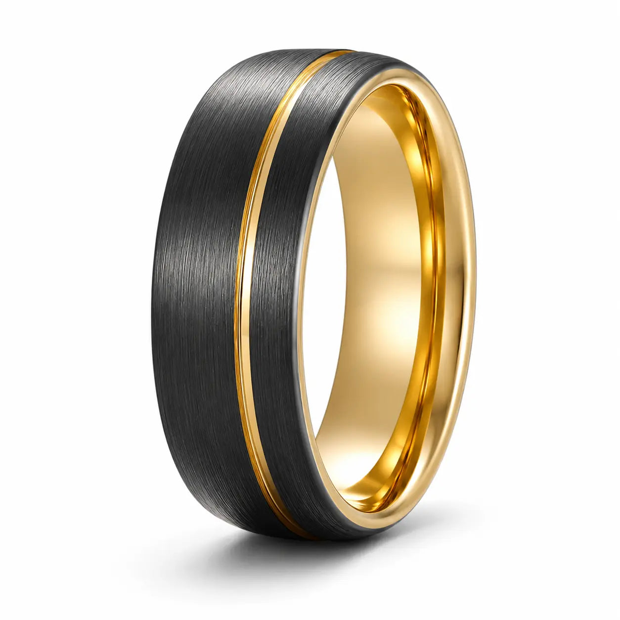 Angled view of a brushed black tungsten wedding ring with an asymmetric gold groove and polished gold interior on a white background.