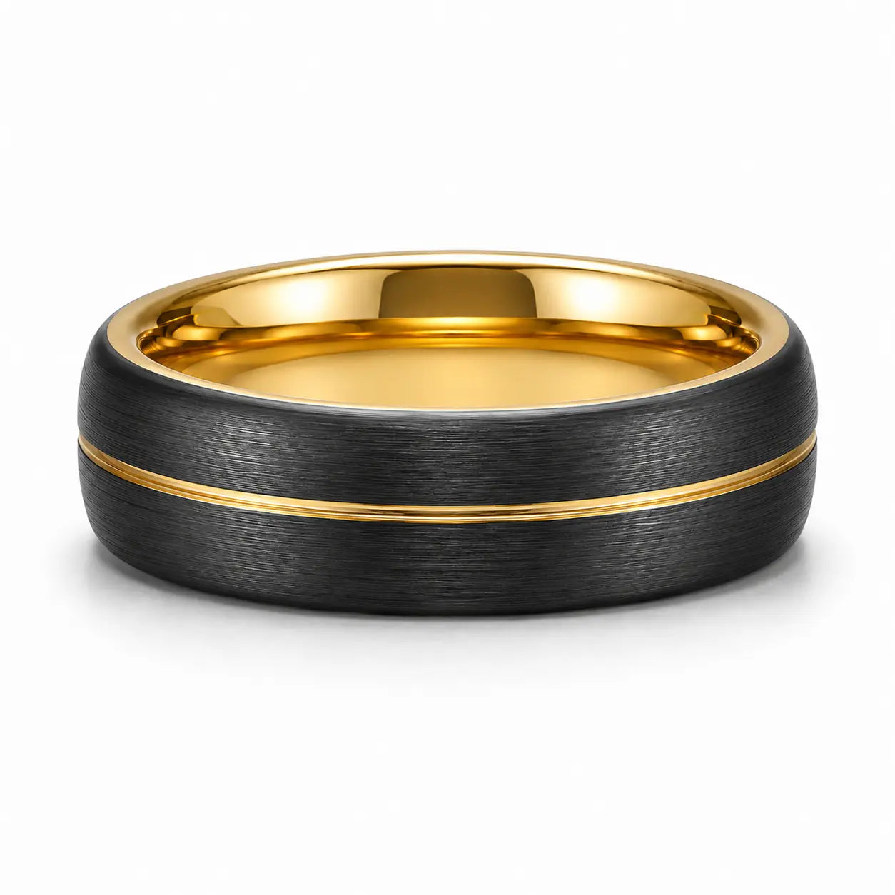 Brushed black tungsten wedding ring with an asymmetric gold groove lying flat on a white background showing the polished gold interior.