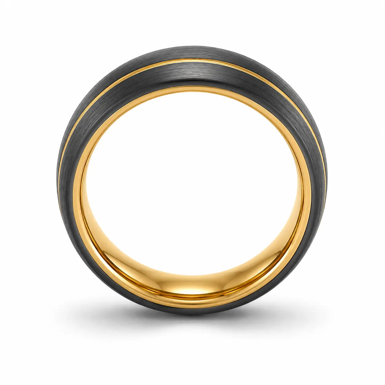 Front view of a brushed black tungsten wedding ring with an asymmetric gold groove and polished gold comfort fit interior.