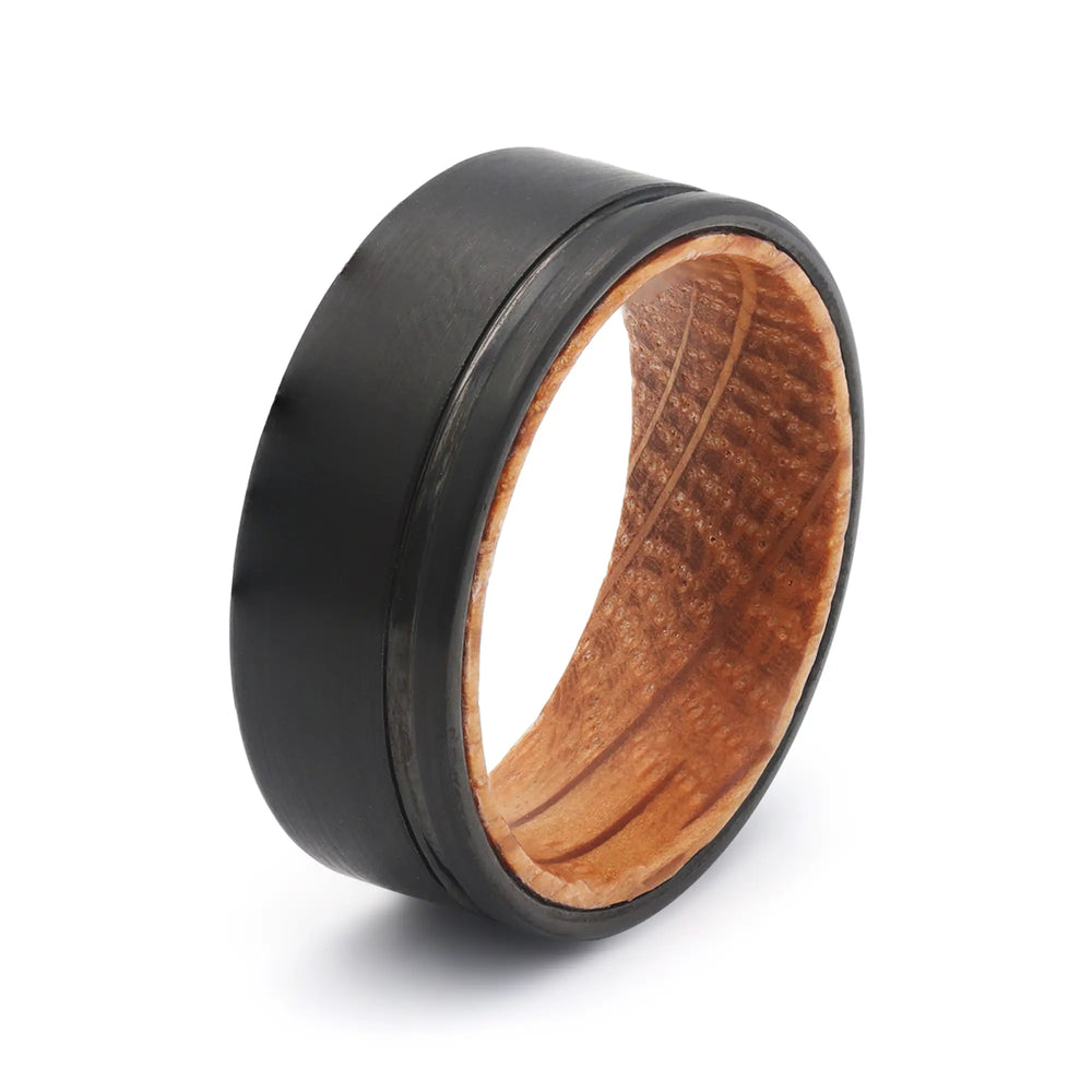 Black groove tungsten whiskey barrel wedding ring with a real oak wood interior.