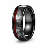 Black tungsten wedding ring with a genuine red guitar string inlay and engraved silver pattern shown at an angled studio view on a white background.