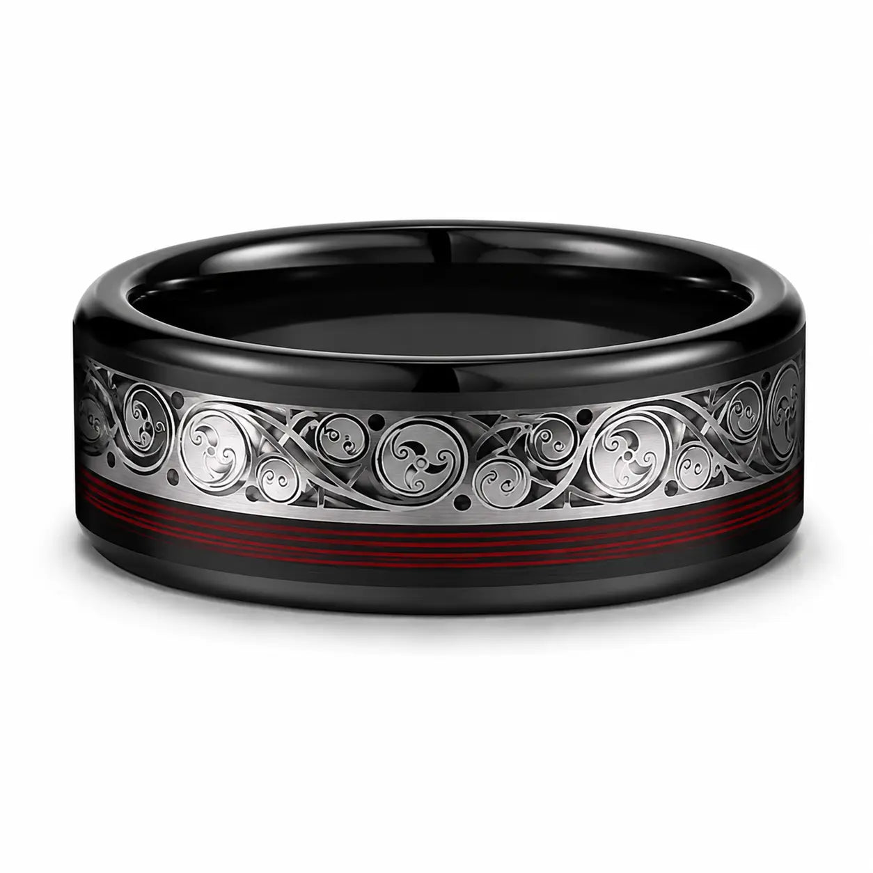 Black tungsten wedding ring with a genuine red guitar string inlay lying flat on a white studio background, showing the full width of the band and polished comfort fit interior.