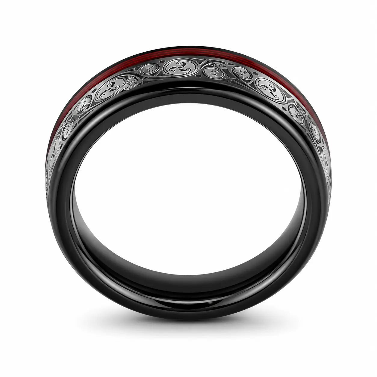 Front view of a black tungsten wedding ring with a genuine red guitar string inlay and engraved silver pattern on a white background.