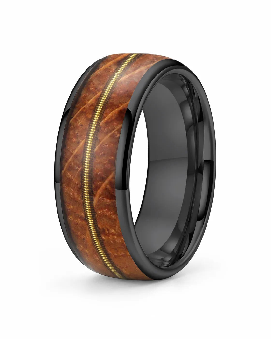 Men's black tungsten wedding ring with whiskey barrel wood and guitar string inlay