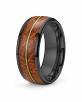 Men's black tungsten wedding ring with whiskey barrel wood and guitar string inlay