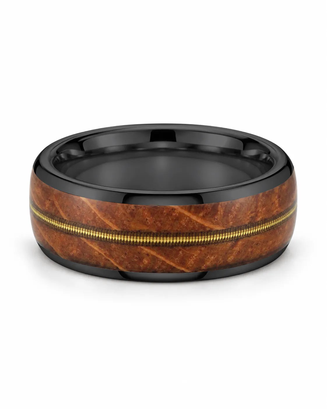 Black guitar string wedding band lying flat, showing the wood inlay and polished interior