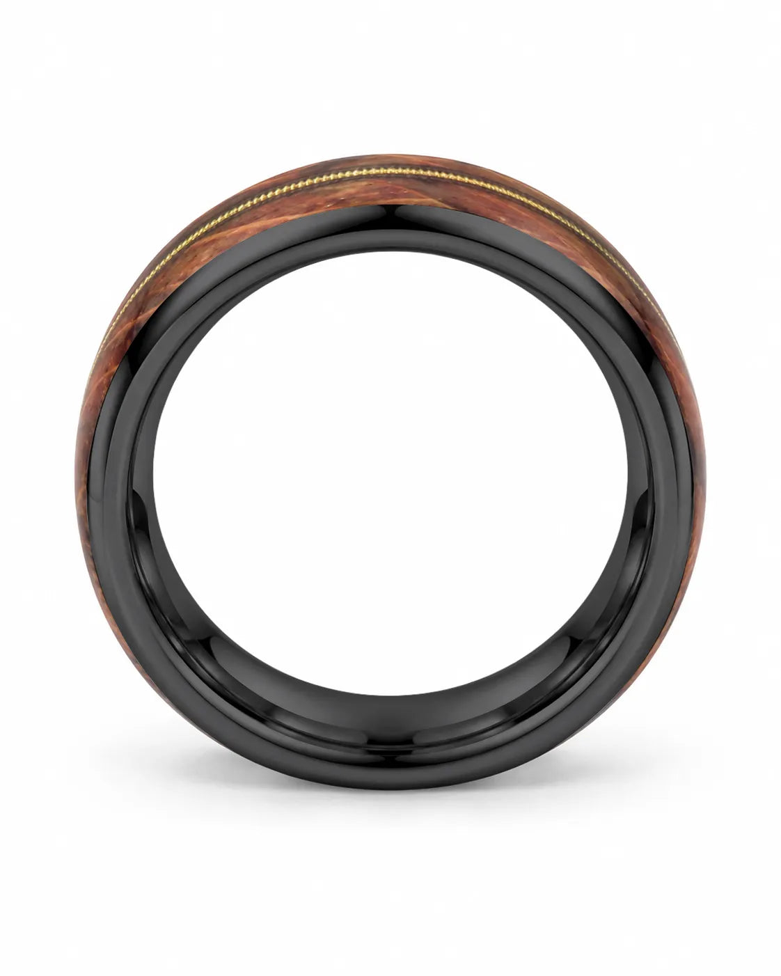 Side profile of black guitar string wedding band showing the wood inlay and polished edges