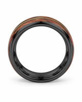 Side profile of black guitar string wedding band showing the wood inlay and polished edges