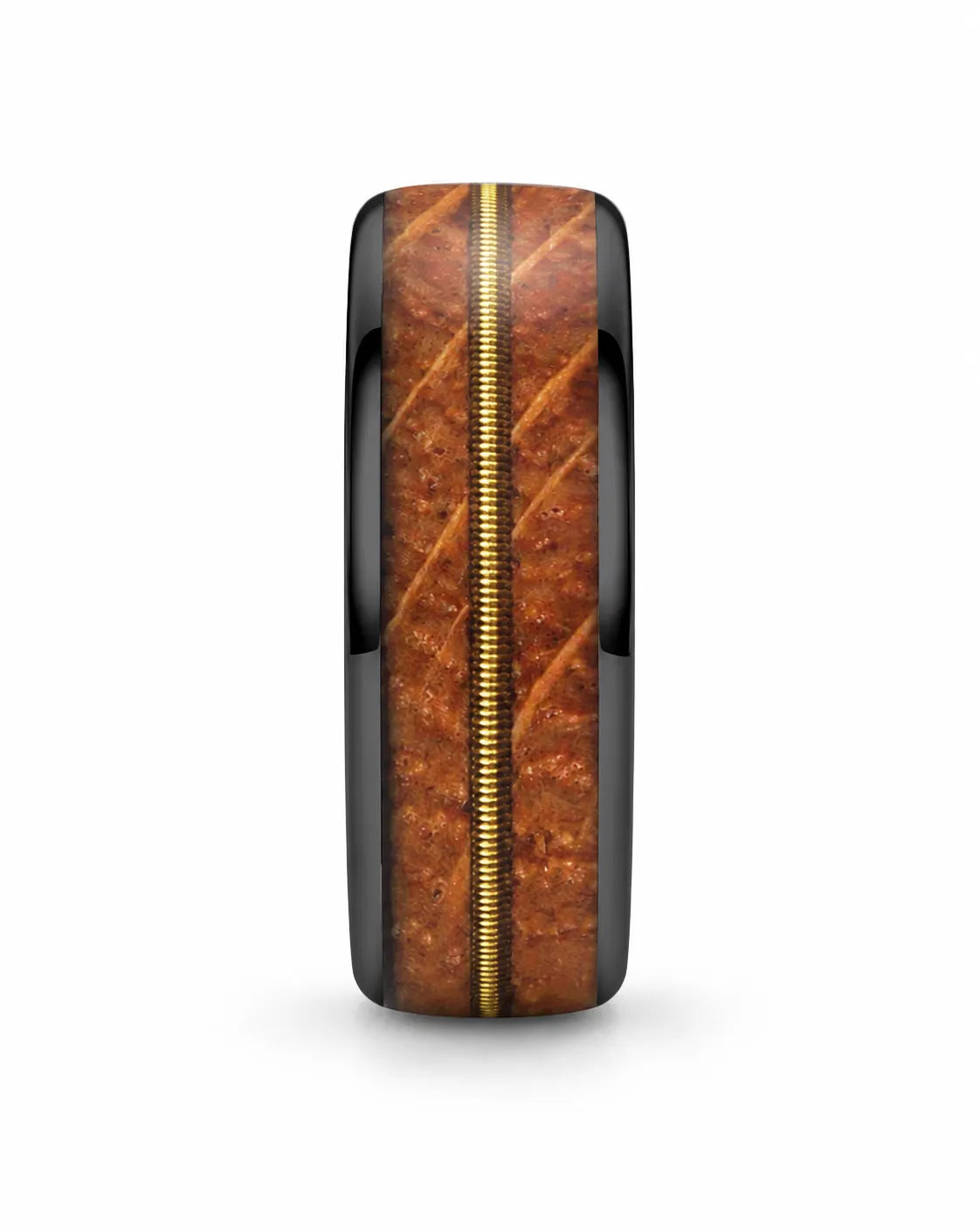 Front view of black tungsten wedding ring with whiskey barrel wood and guitar string