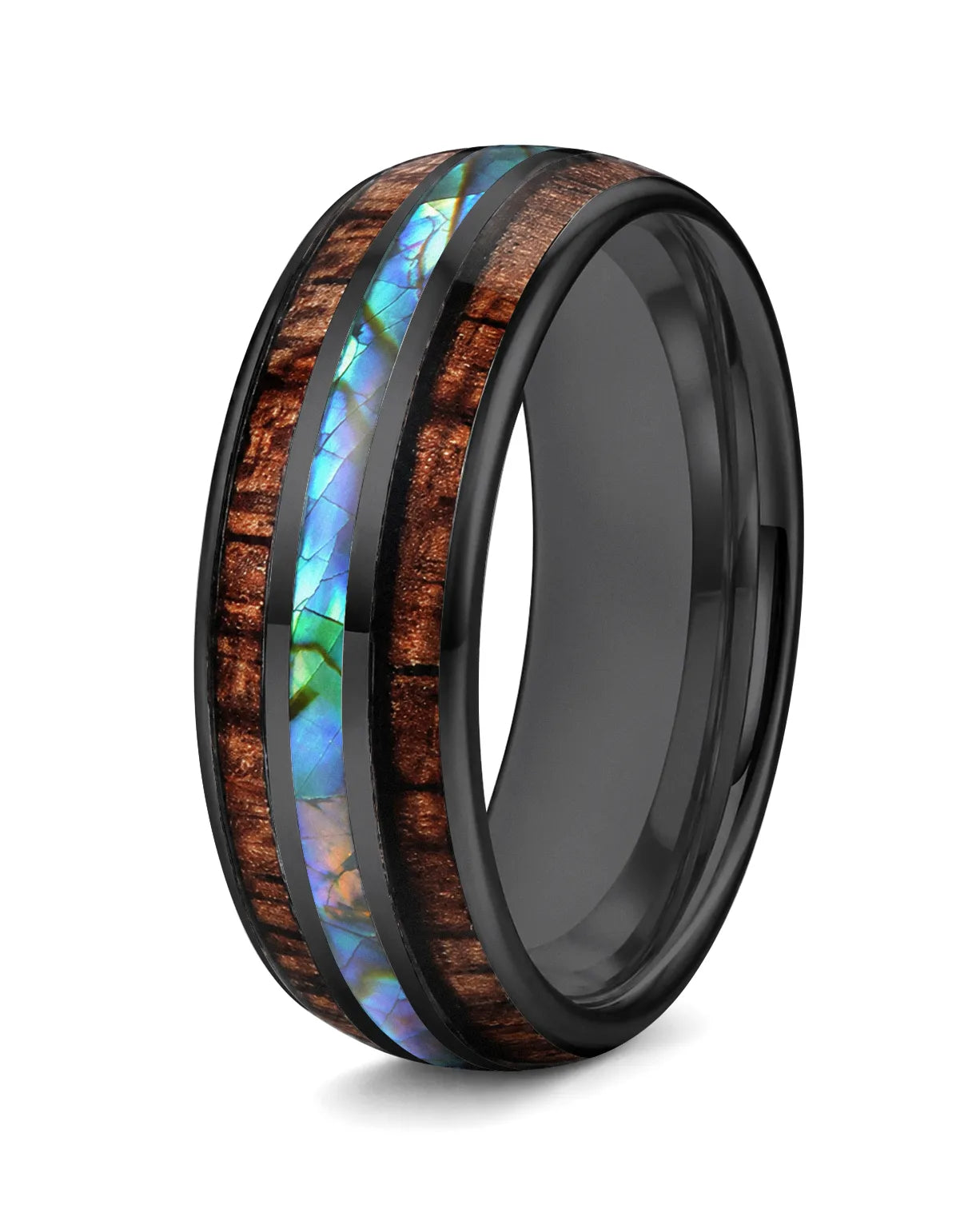 Koa wood and abalone shell tungsten ring with polished blackr finish