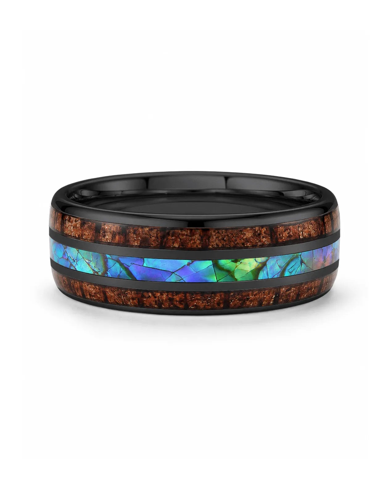 Koa wood and abalone shell tungsten ring lying flat showing the inlay detail