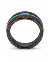 Front view of koa wood and abalone shell tungsten ring