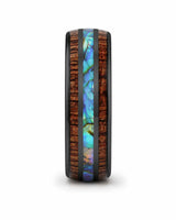 Side profile of koa wood and abalone shell tungsten ring showing the band width