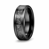 Black tungsten wedding ring with a meteorite inspired textured inlay shown at an angled studio view on a white background.