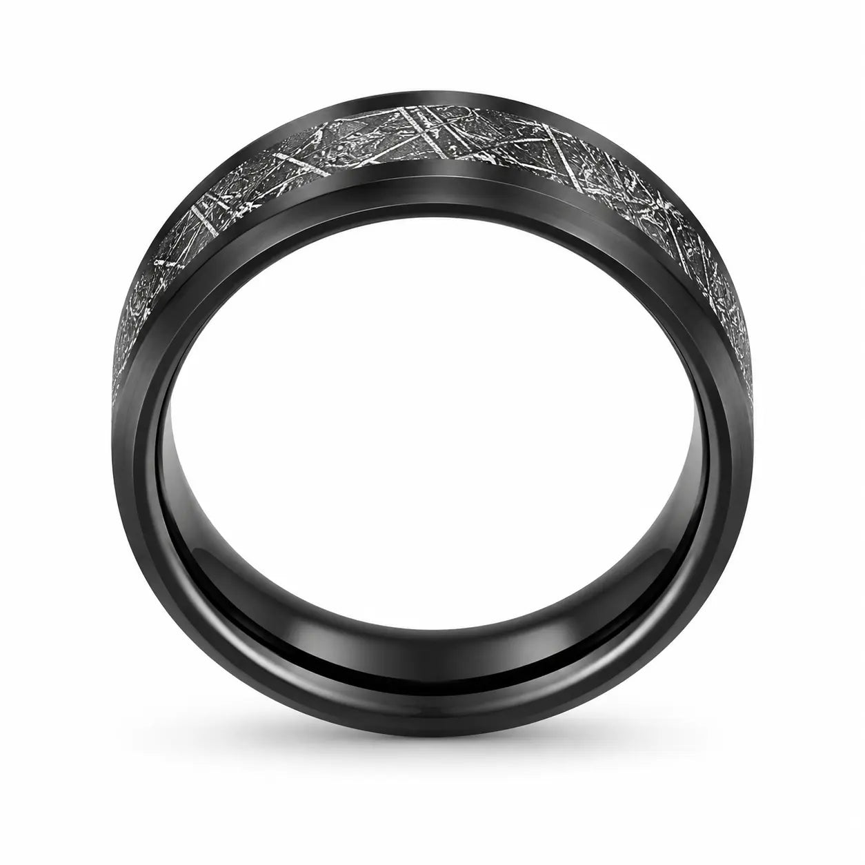 Front view of a black tungsten wedding ring with a meteorite inspired textured inlay and polished comfort fit interior on a white background.