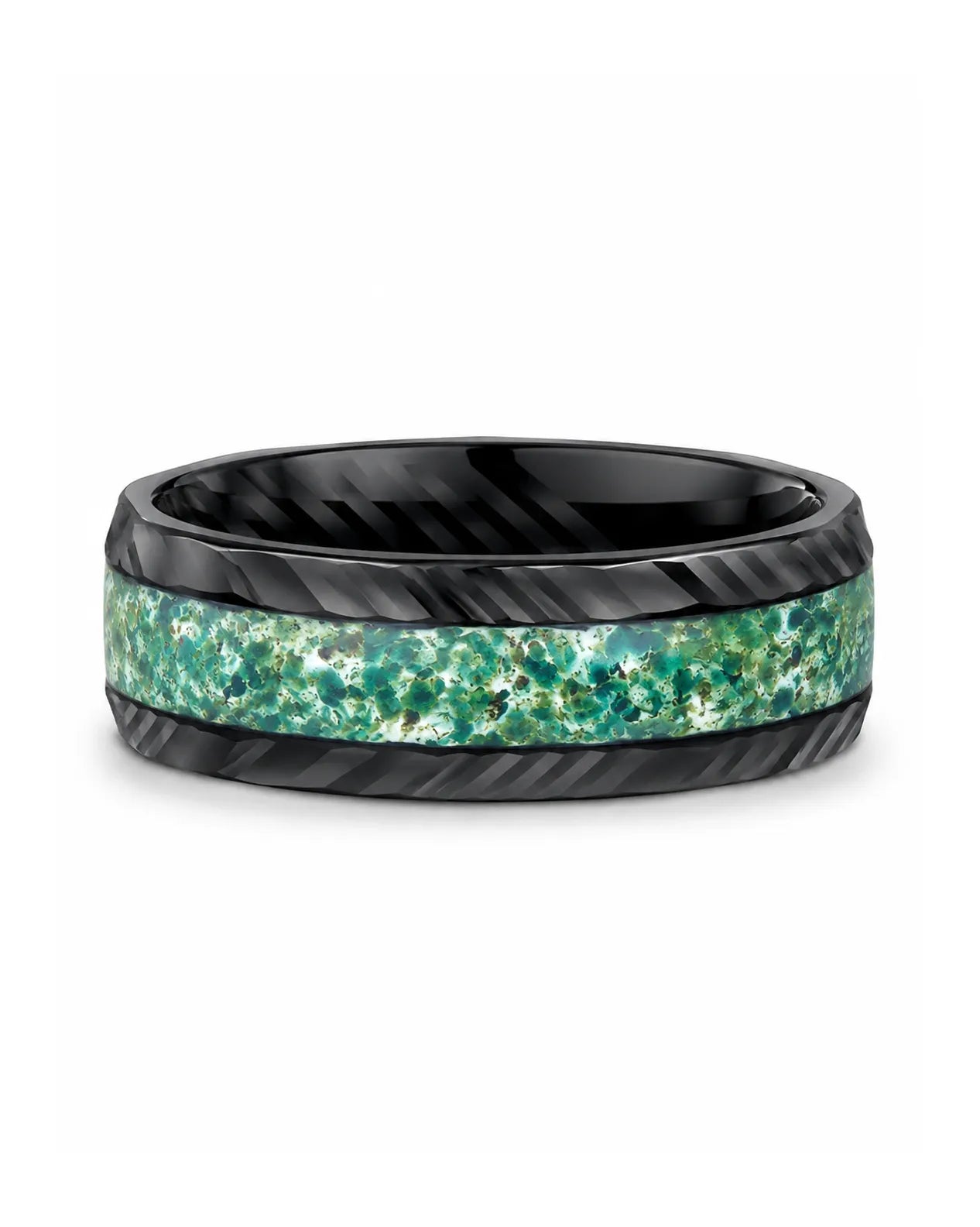 8mm Black Moss Agate Tungsten Wedding Ring with Damascus Grain