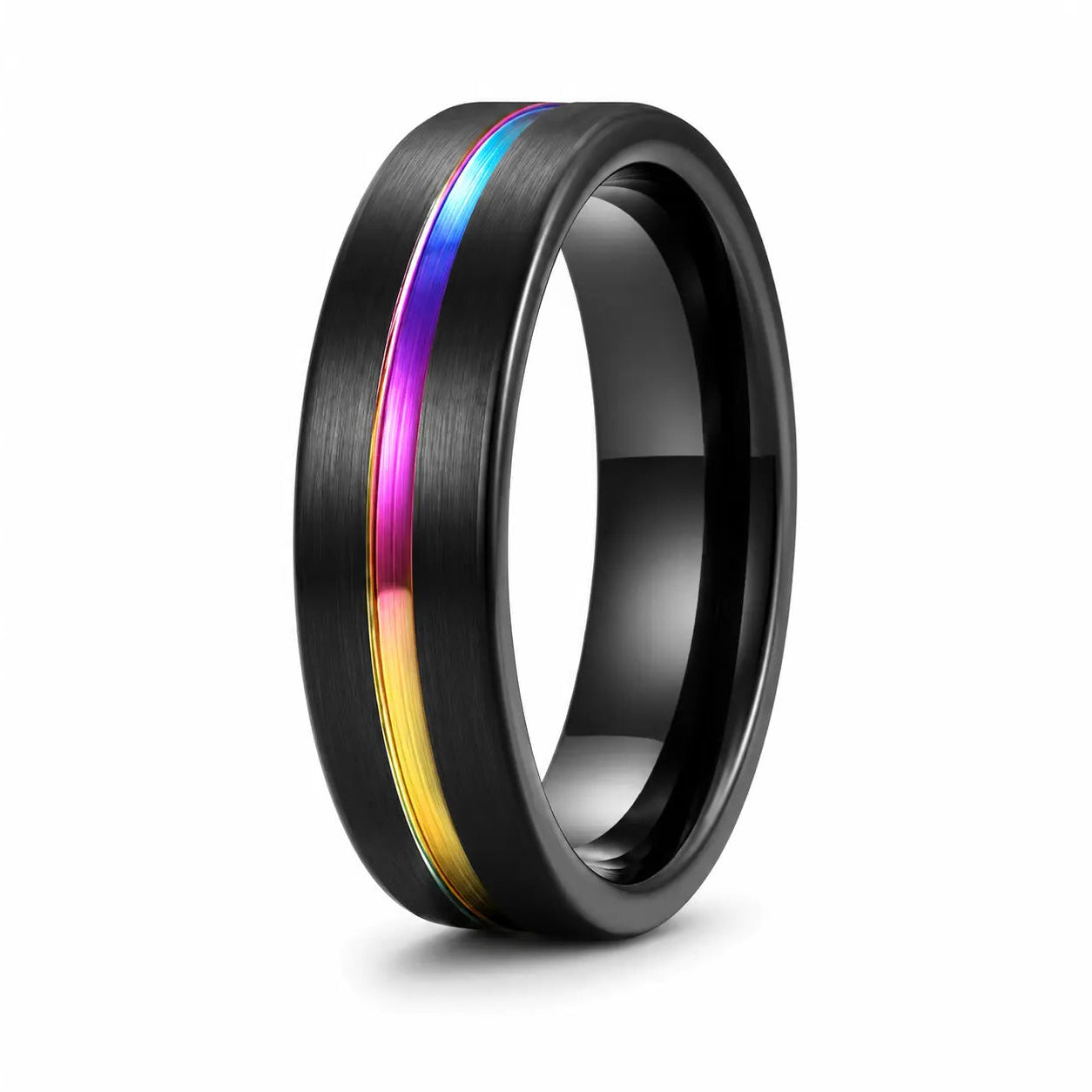 Black tungsten wedding ring with a rainbow colour inlay shown at an angled studio view on a white background.