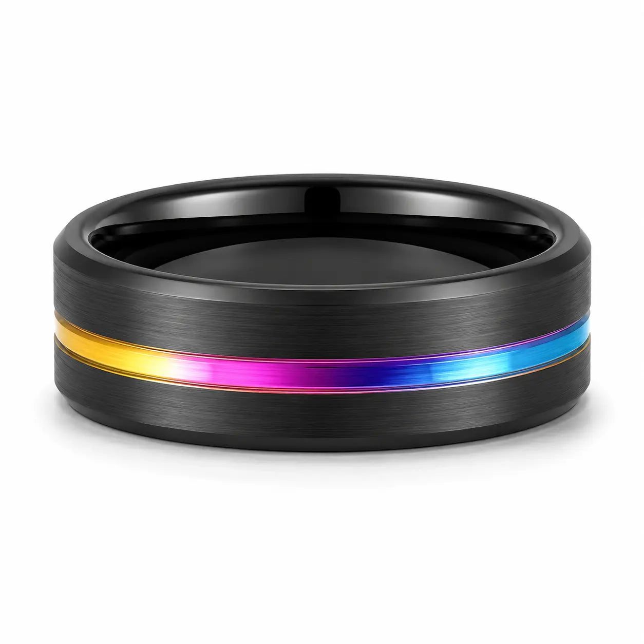Black tungsten wedding ring with a rainbow colour inlay lying flat on a white studio background, showing the full width of the band and polished comfort fit interior.
