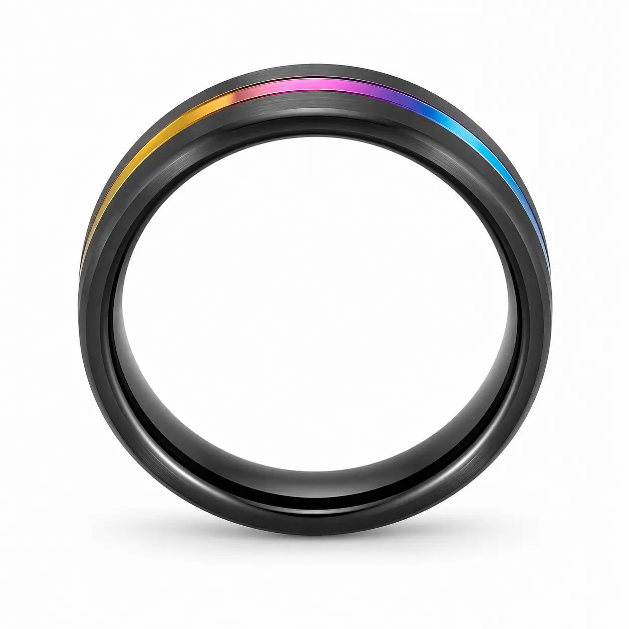 Front view of a black tungsten wedding ring with a rainbow colour inlay and polished comfort fit interior on a white background.