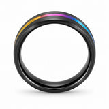Front view of a black tungsten wedding ring with a rainbow colour inlay and polished comfort fit interior on a white background.