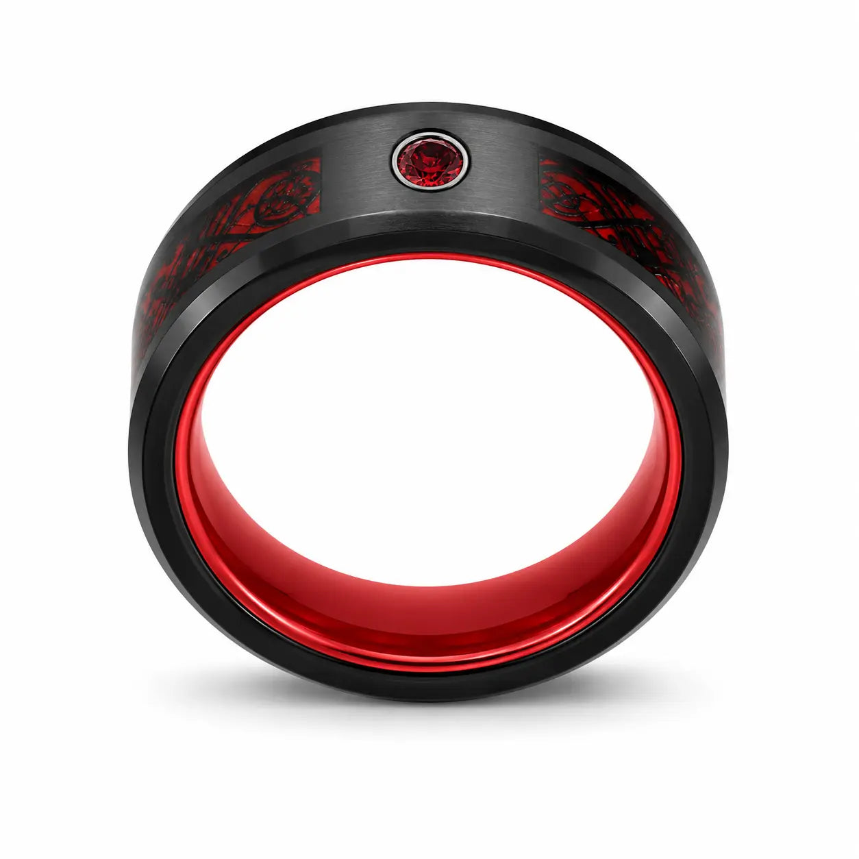 Front view of a black tungsten wedding ring with a red Celtic dragon inlay, red gemstone and polished red comfort fit interior on a white background.