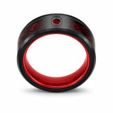 Front view of a black tungsten wedding ring with a red Celtic dragon inlay, red gemstone and polished red comfort fit interior on a white background.