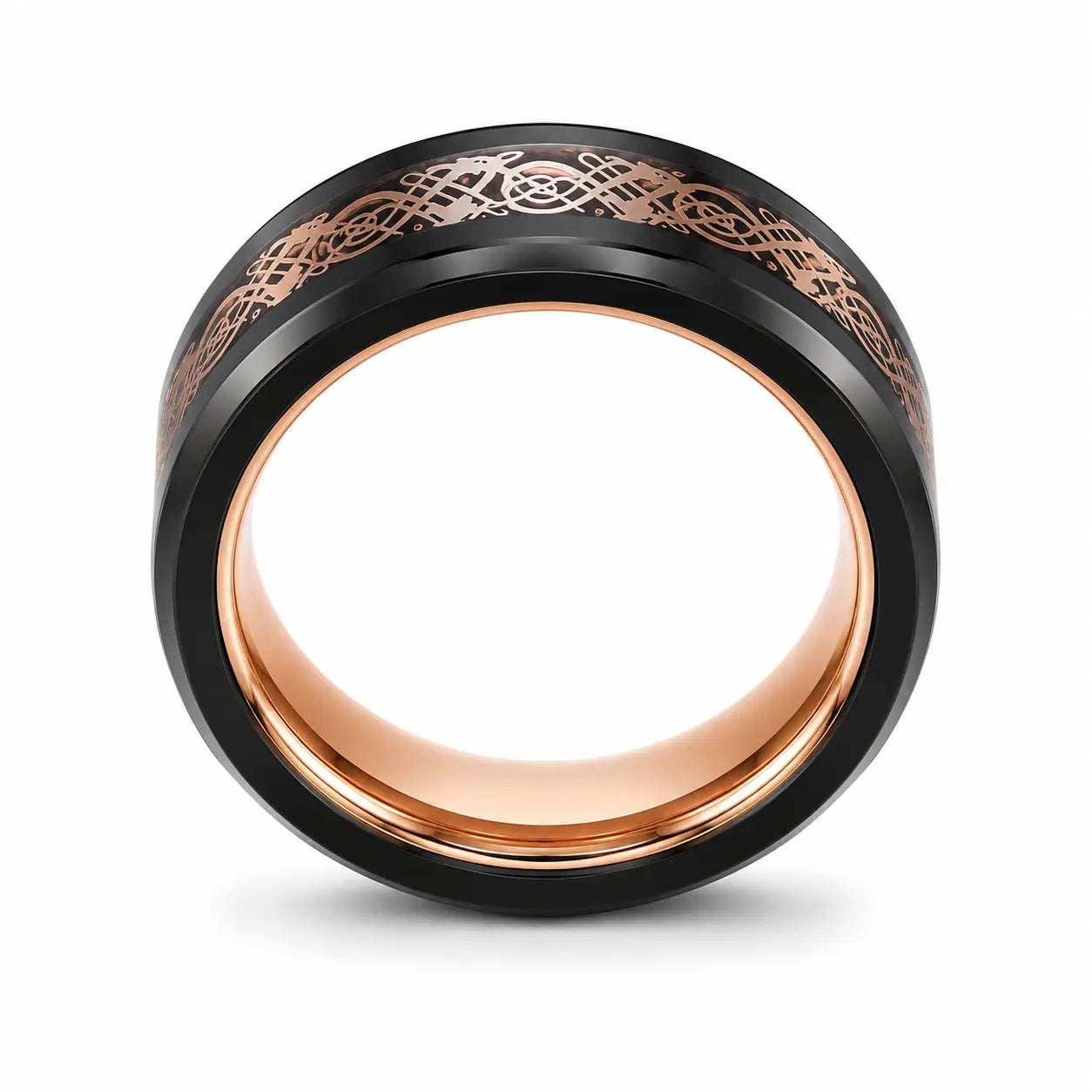 Front view of a black tungsten wedding ring with a rose gold Celtic inlay and polished rose gold comfort fit interior on a white background.