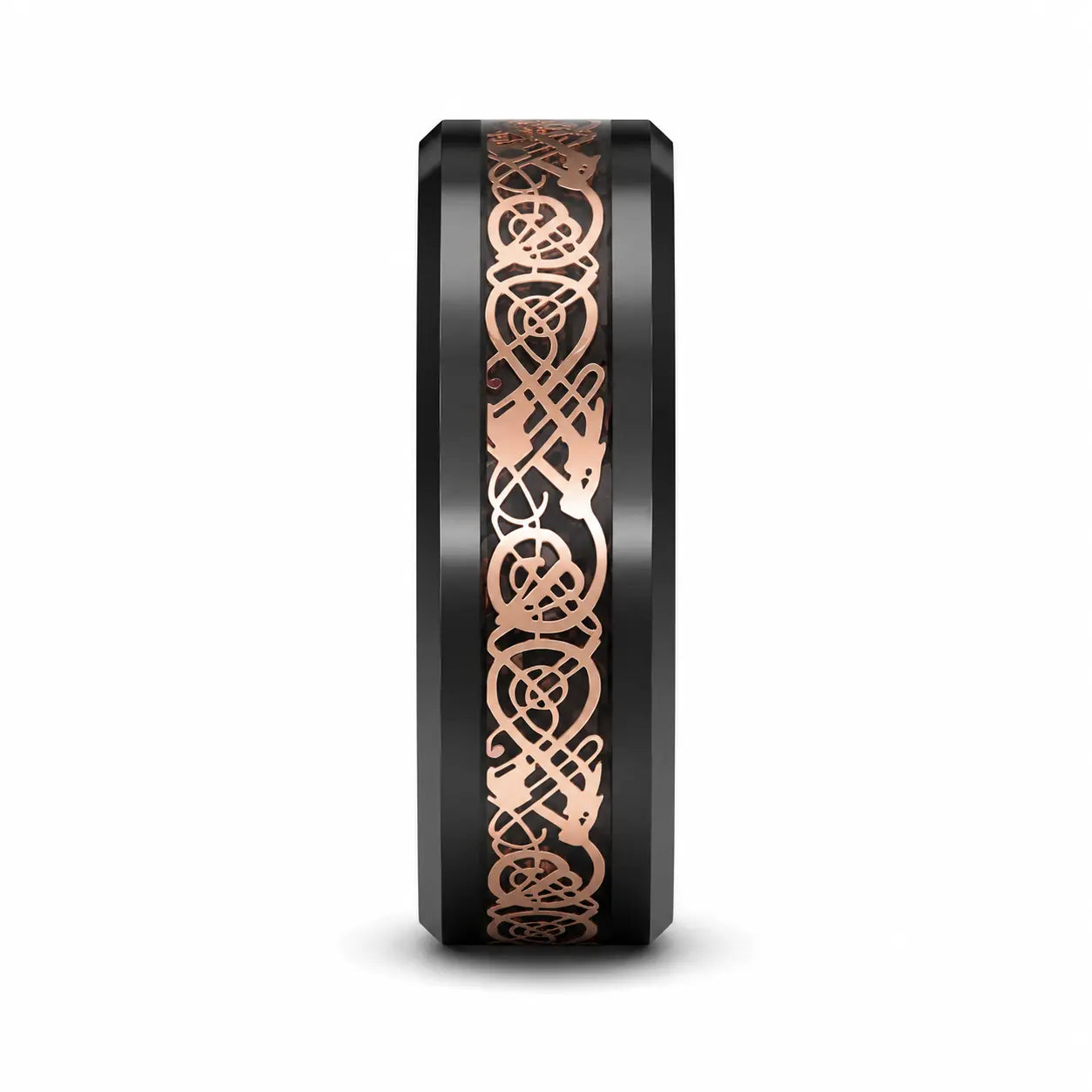 Side profile of a black tungsten wedding ring with a brushed finish, rose gold Celtic inlay and polished rose gold interior on a white studio background.