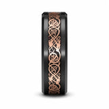 Side profile of a black tungsten wedding ring with a brushed finish, rose gold Celtic inlay and polished rose gold interior on a white studio background.