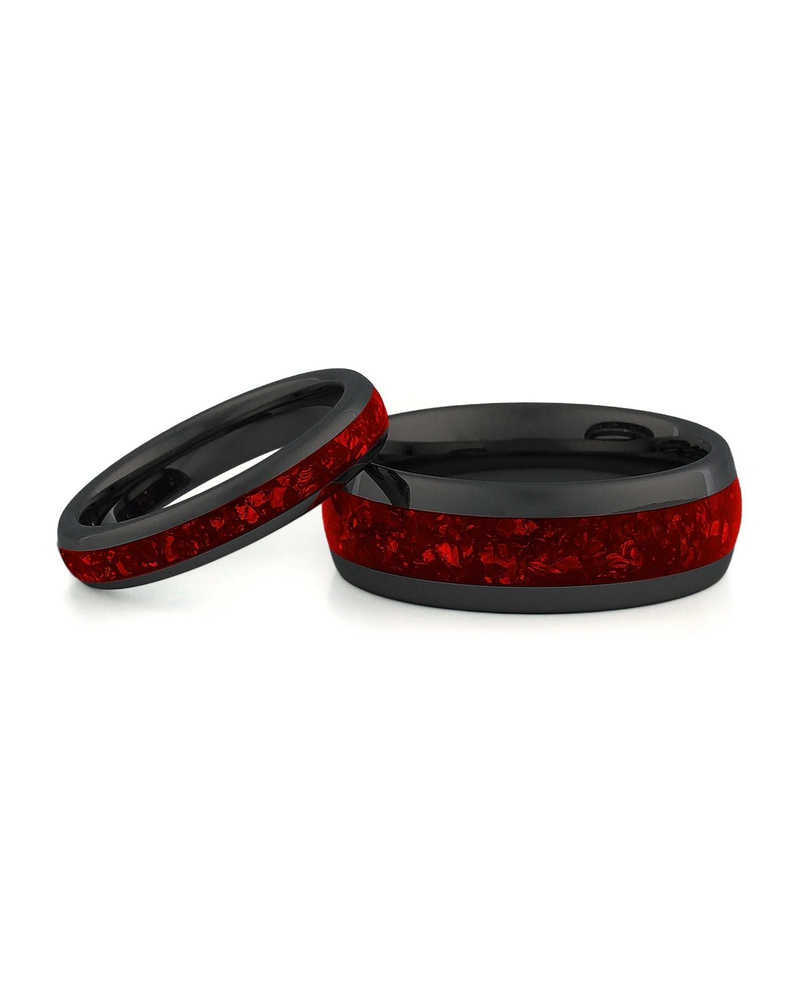 Black ruby tungsten couples wedding ring set shown together