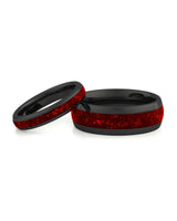 Black ruby tungsten couples wedding ring set shown together